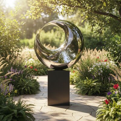 अर्धचंद्राकार परावर्तक मूर्ति: पॉलिश स्टील और ब्लैक मार्बल कलाकृति